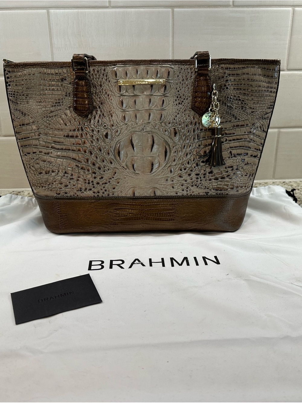 Brahmin Taupe and Brown Embossed Croc Leather Tote with Tassel Charm